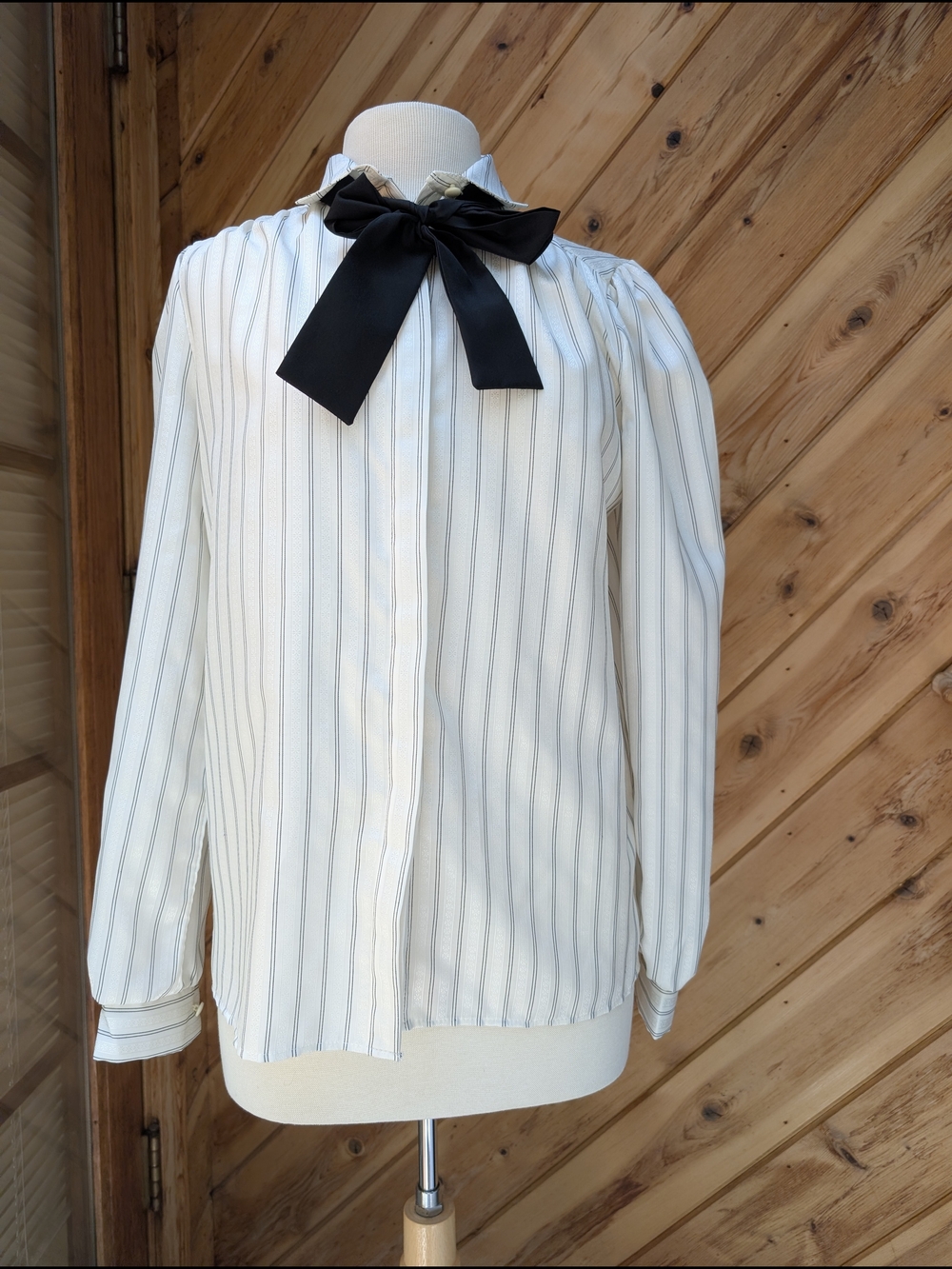 Vintage Ivory Stripe Button-Up Blouse with Black Bow